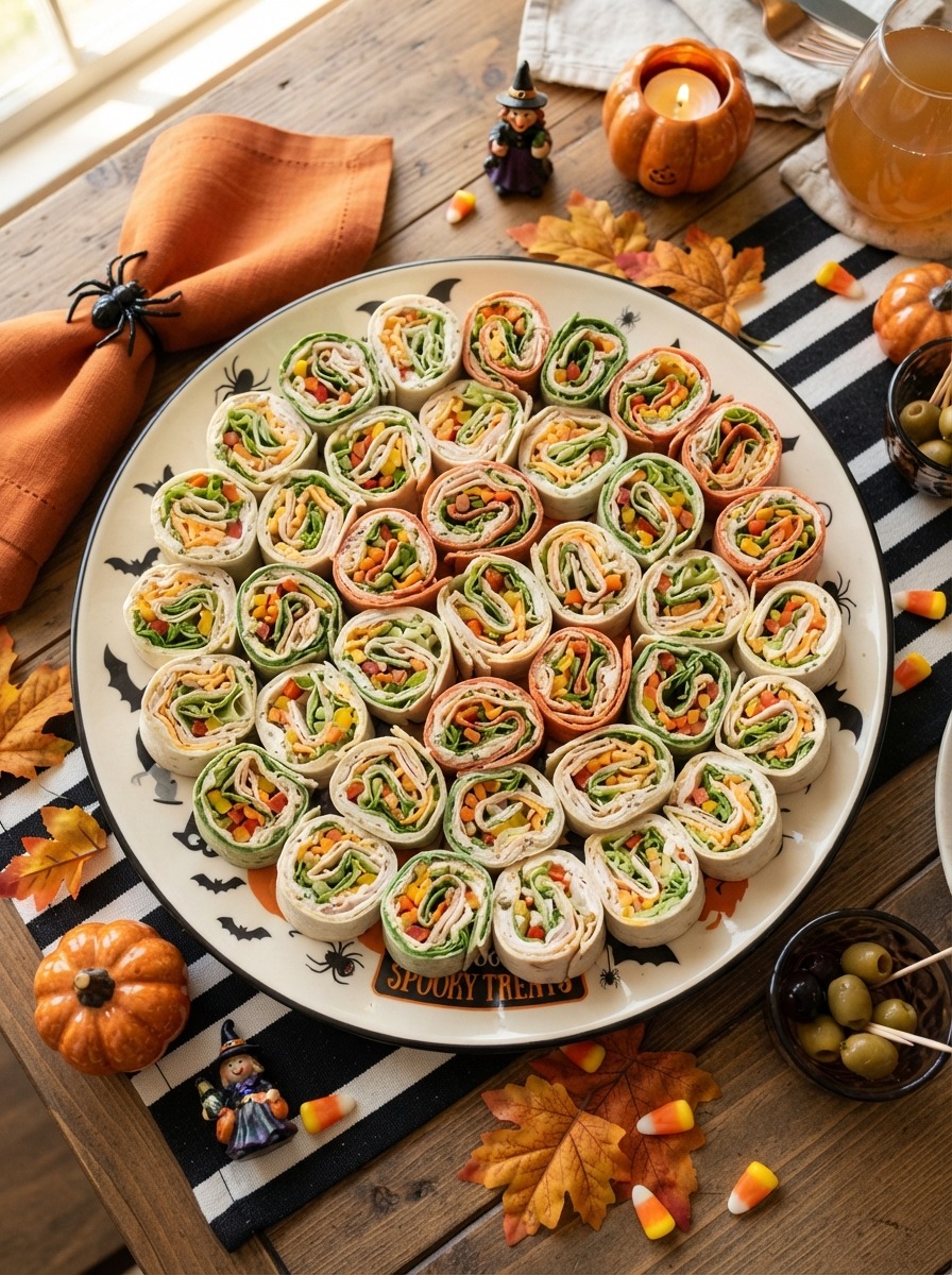 Tortilla pinwheels filled with cream cheese, spinach, and ham, cut into strips and rolled up.